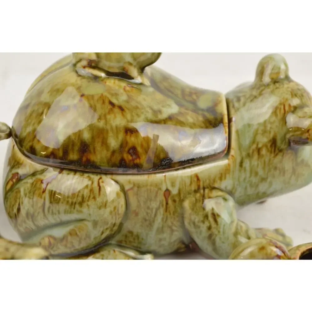 Frog Ceramic Tea Condiment Set x4 Lidded Bowl Sugar Creamer Green Glazed Pottery
